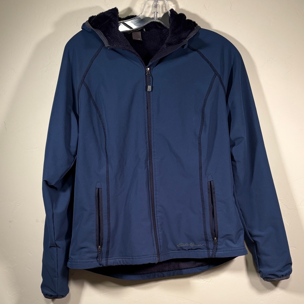 Eddie Bauer soft shell fleece lined hooded jacket womens M full zip zip pockets